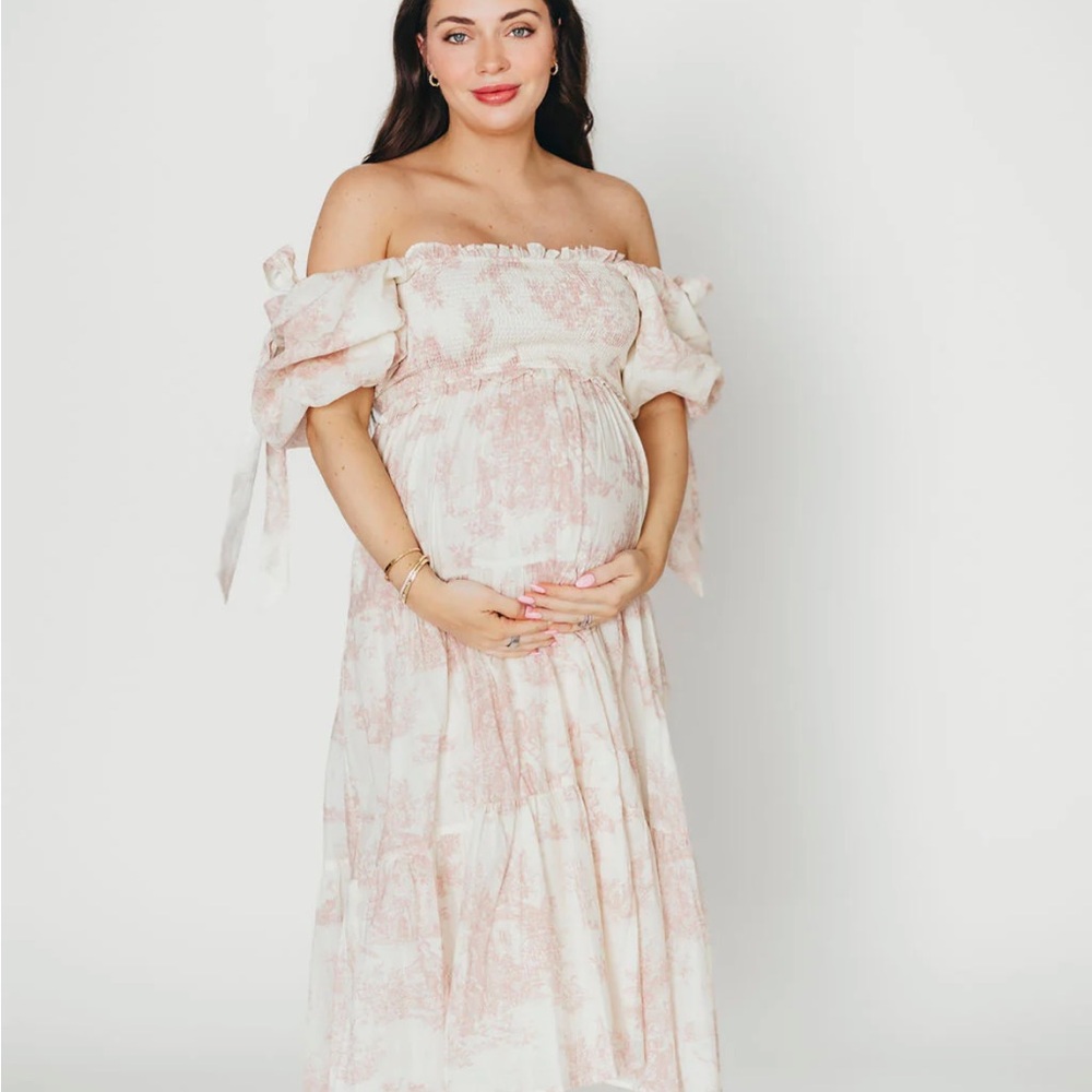 Worth Collective Elena Pink Toile Print Smocked Bump-Friendly Midi Dress